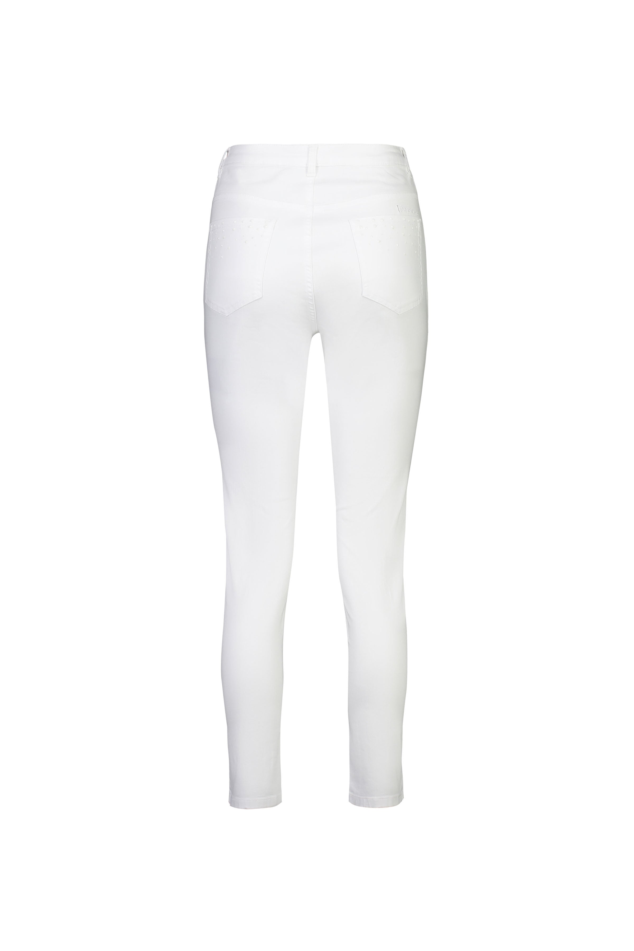 Back view of Vassalli Tide Jean in white denim, featuring an ankle-length skinny leg design and two back pockets, displayed on a plain white background.