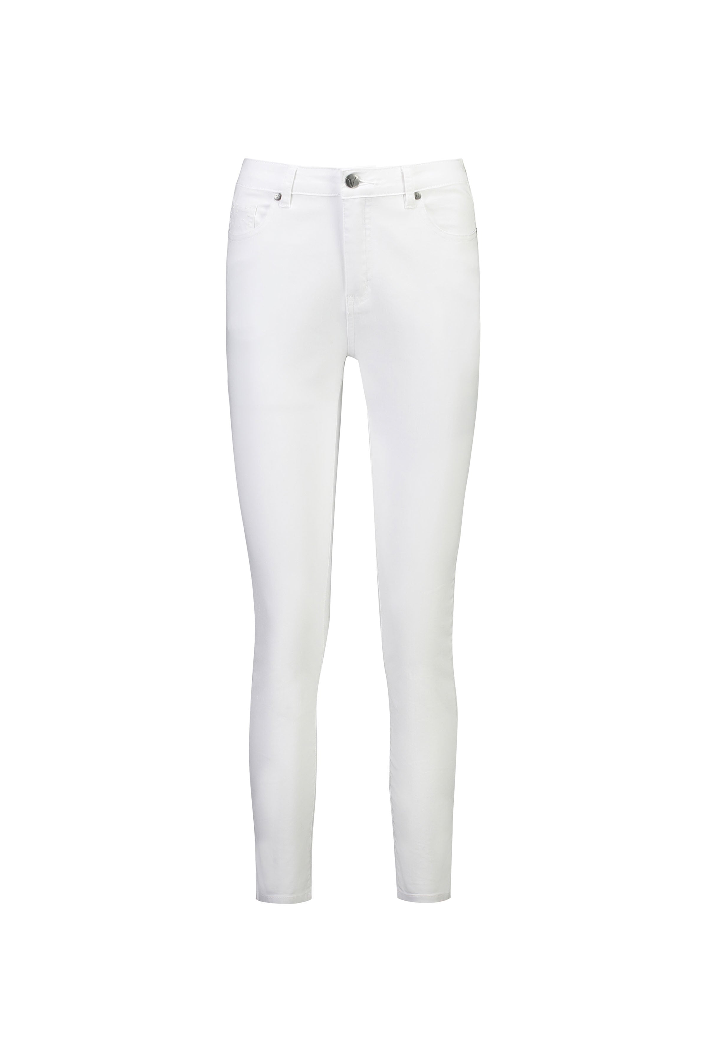The Vassalli Tide Jean in white denim features a skinny leg, button and zip closure, front and back pockets, and a minimalist design, displayed on a plain white background.