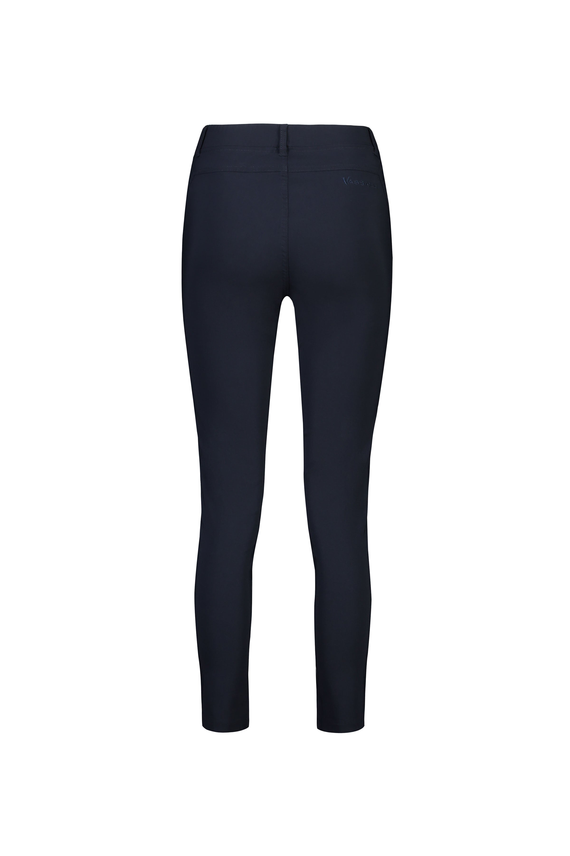 Vassalli Concept Pant - Navy, shown from the back at full length with an ankle grazer style and fitted waistband, features a clean design with no visible pockets or patterns, displayed on a white background.