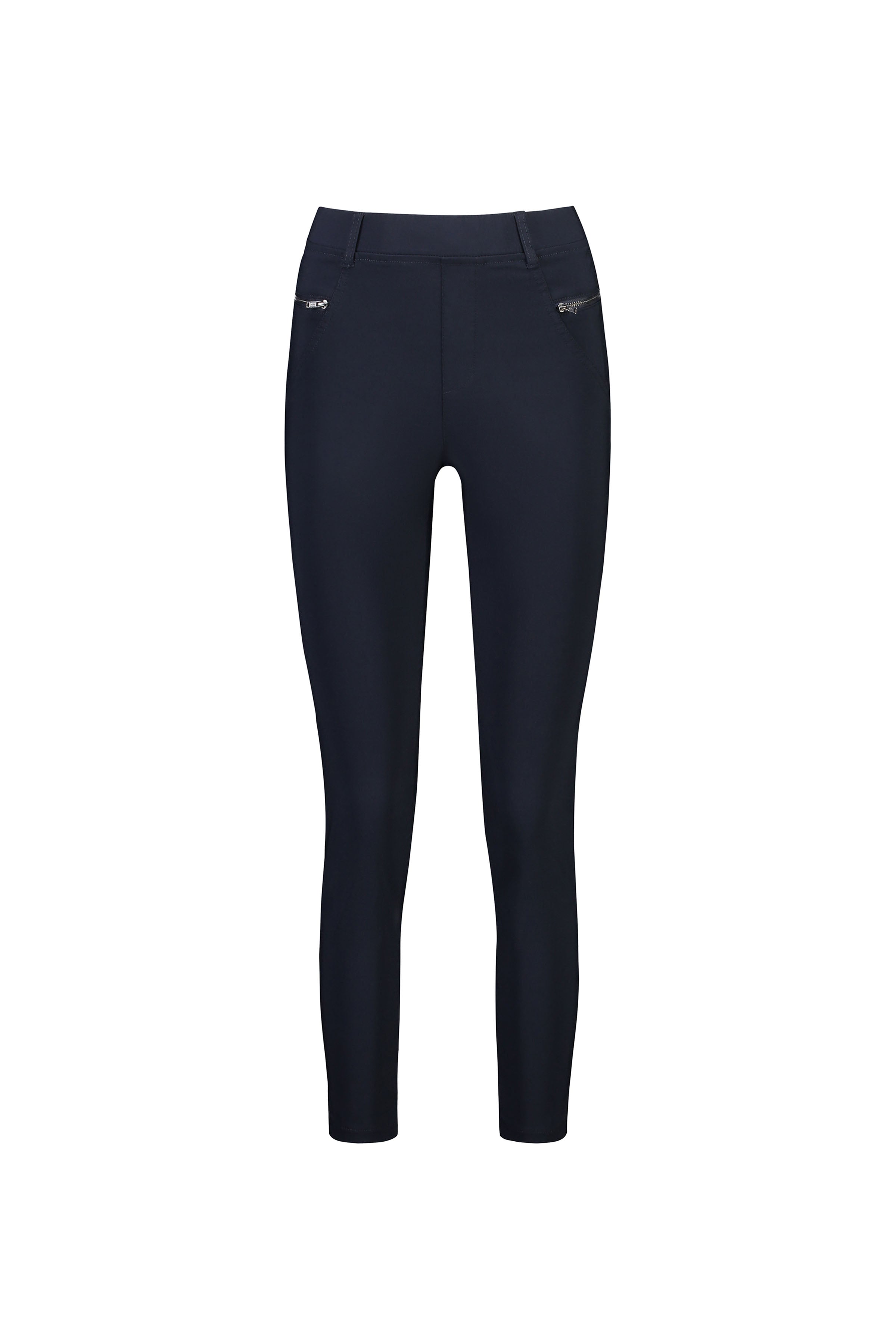 The Vassalli Concept Pant in navy features a fitted silhouette, ankle grazer length, two small front zipper pockets, and belt loops, displayed on a white background.