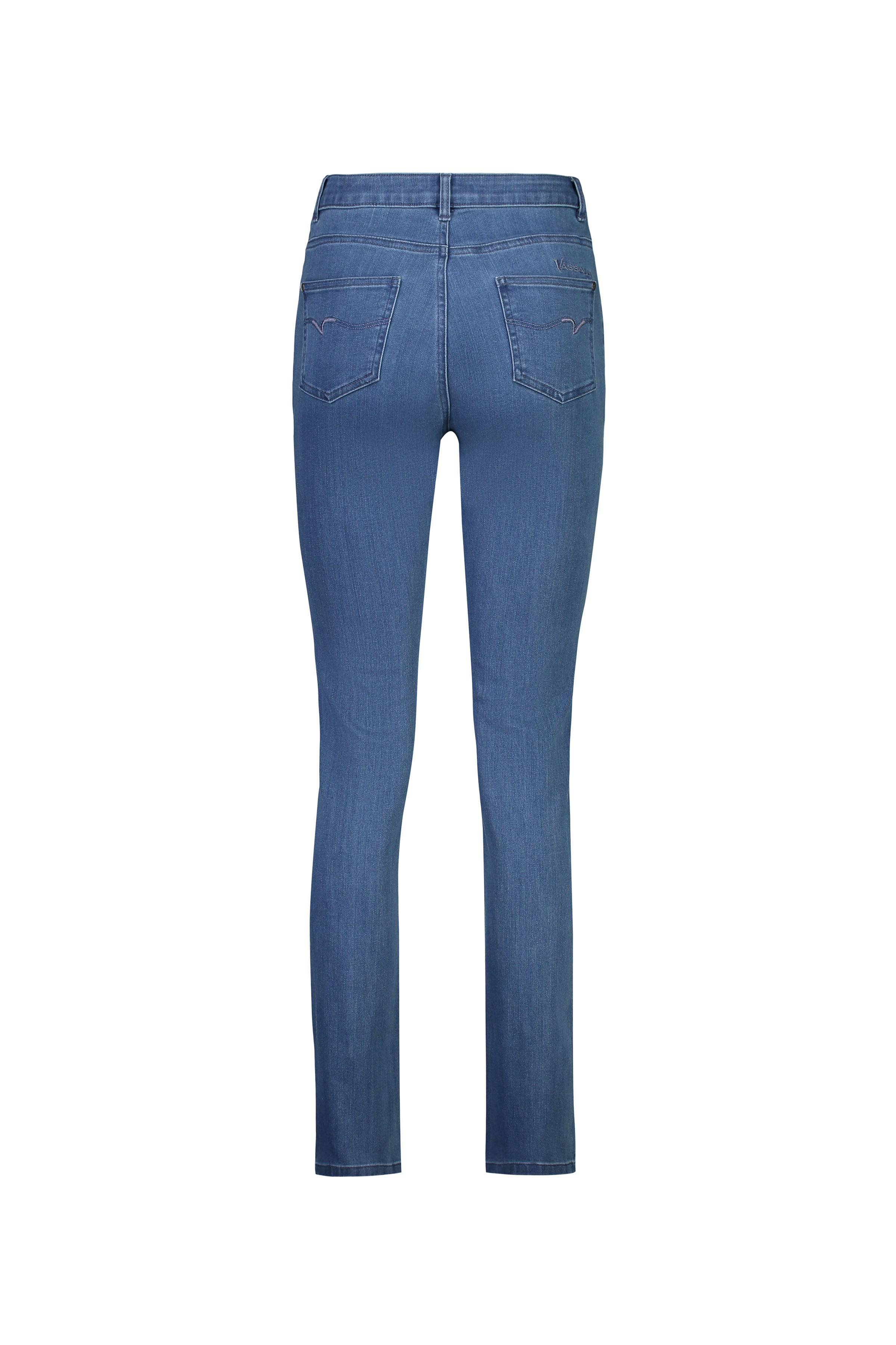 Back view of Vassalli Onset Jean - Plain New Blue, high rise full length slim leg jeans in blue denim with two rear pockets and visible stitching, shown on a white background.