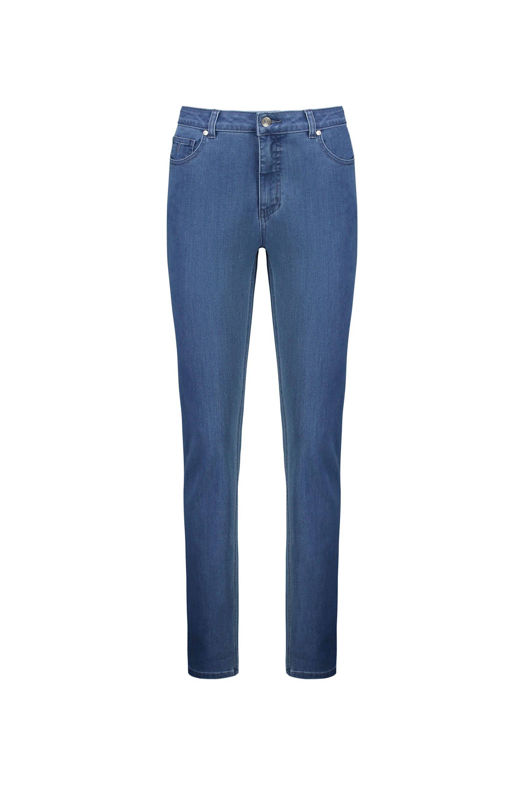 The Vassalli Onset Jean - Plain New Blue features a classic slim leg with button and zip closure, front and back pockets, and a straight cut, shown on a white background.