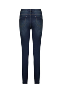 The Vassalli Skinny Leg Jean - Deep Blue features a high-rise, stretch fit with two back pockets, visible stitching, and a flattering tapered leg in a classic deep blue wash.