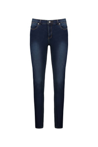 The Vassalli Skinny Leg Jean - Deep Blue features a button and zip closure, front and back pockets, and subtle thigh fading, shown on a white background.