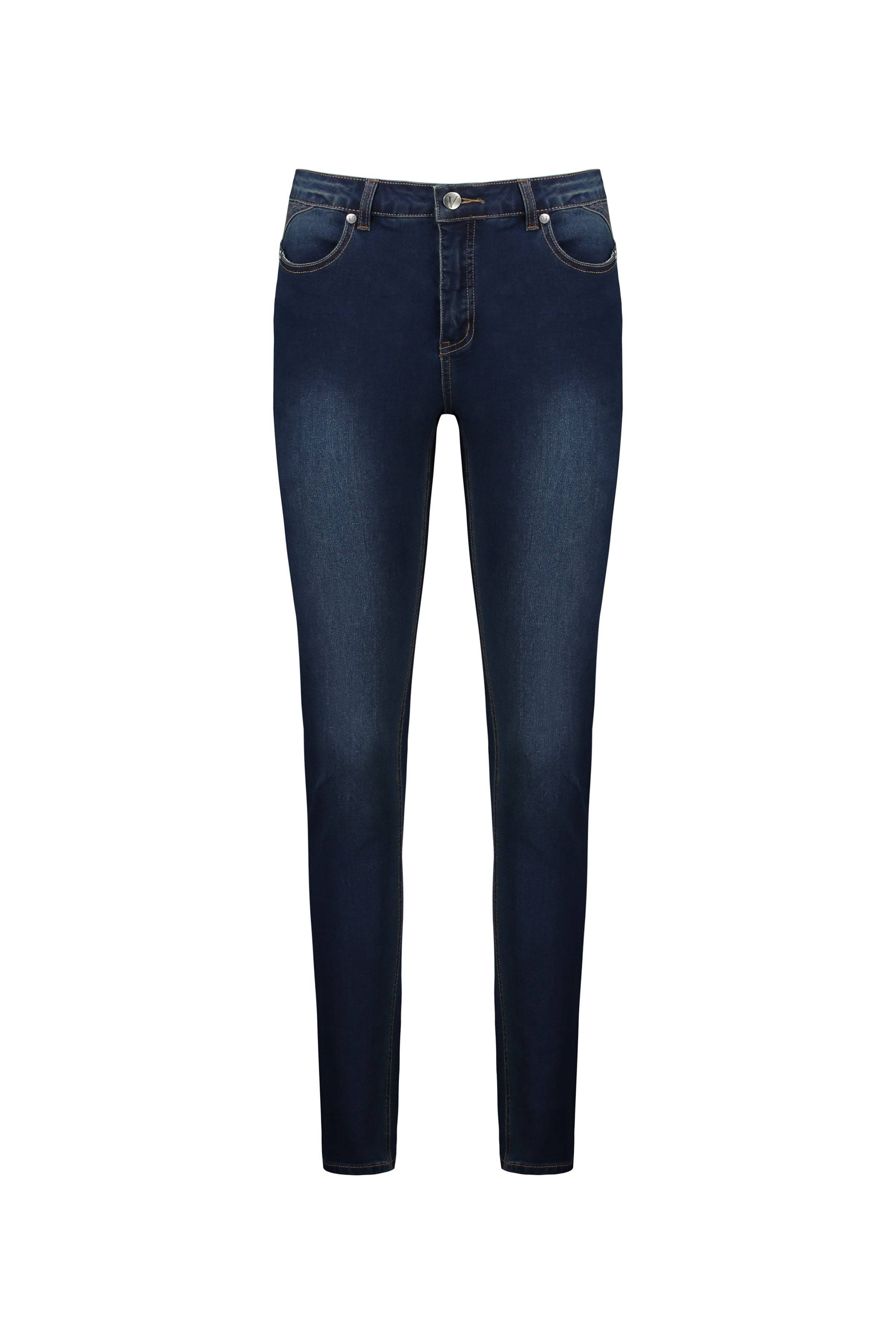 The Vassalli Skinny Leg Jean - Deep Blue features a button and zip closure, front and back pockets, and subtle thigh fading, shown on a white background.