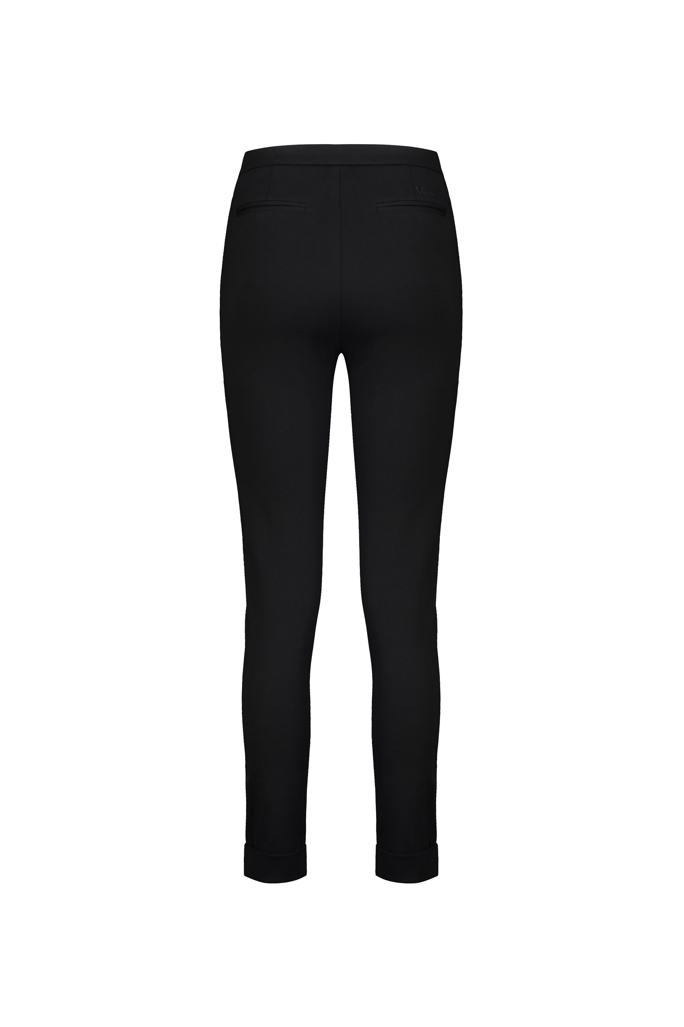 Back view of Vassalli’s Style Pant - Black, slim-fit and crafted from stretch fabric with two rear welt pockets and turned-up hems, shown against a plain white background.