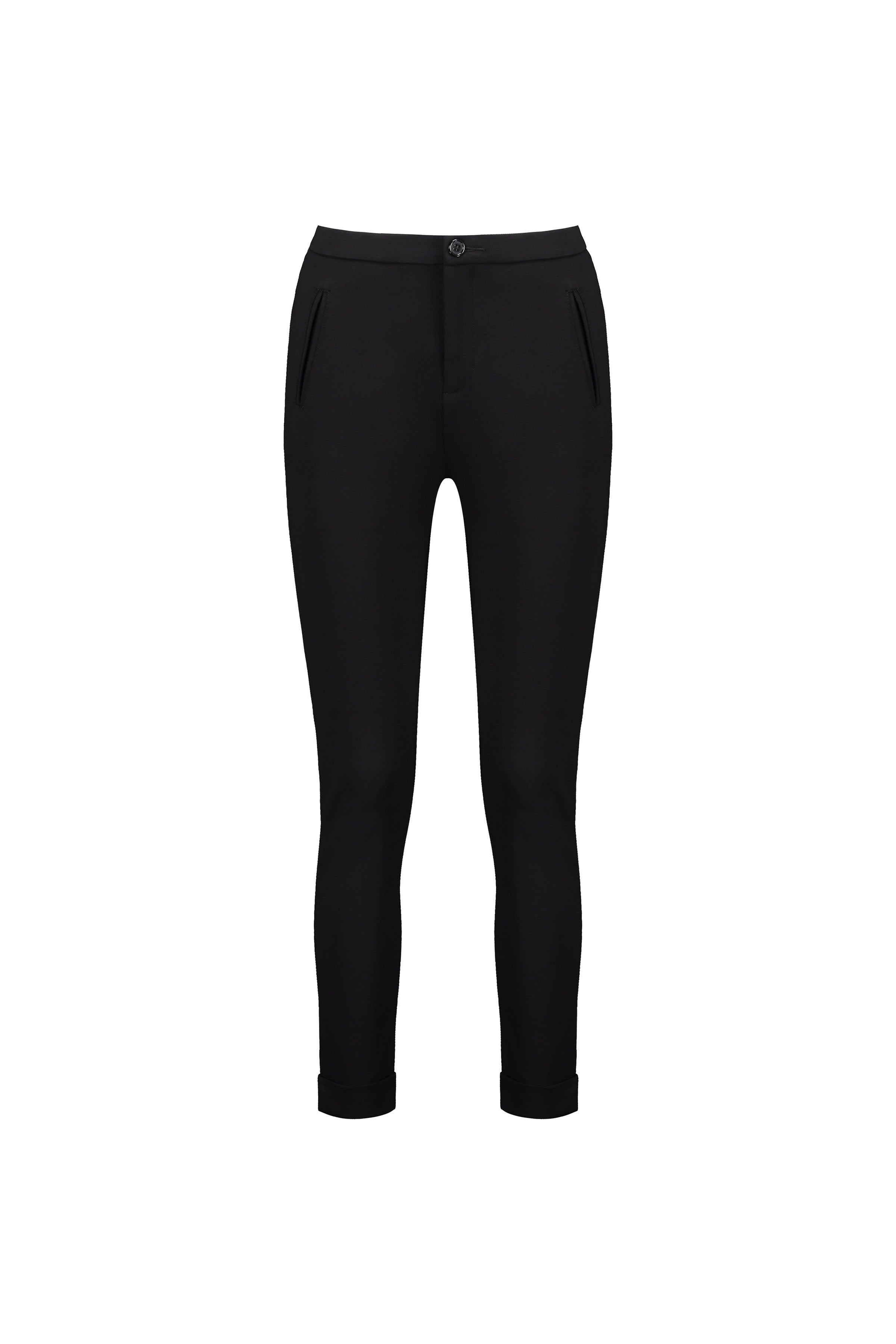 The Vassalli Style Pant - Black features a slim-fit, full-length ponti design with front zipper pockets and buttoned cuffs, made from stretch fabric for comfort. Shown against a plain white background.