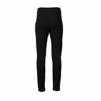 The Vassalli View Pant - Black is a high-waisted, slim-fit ponti pant with an all-over black polka dot print, featuring stretch fabric and a skinny ankle-grazer cut, shown against a white background.