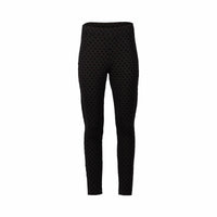 The Vassalli View Pant - Black features a high waist, stretch fabric, skinny leg ankle grazer cut, and a subtle small polka dot pattern, shown on a plain white background.