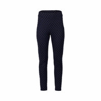 Vassalli's View Pant - Navy features a high-waisted skinny leg ankle grazer fit with a black polka dot print, displayed against a plain white background.