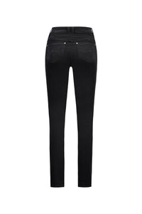 Back view of Vassalli's Arch Cord Pant in black stretch fabric, featuring two rear pockets and silver rivets, shown on a plain white background.