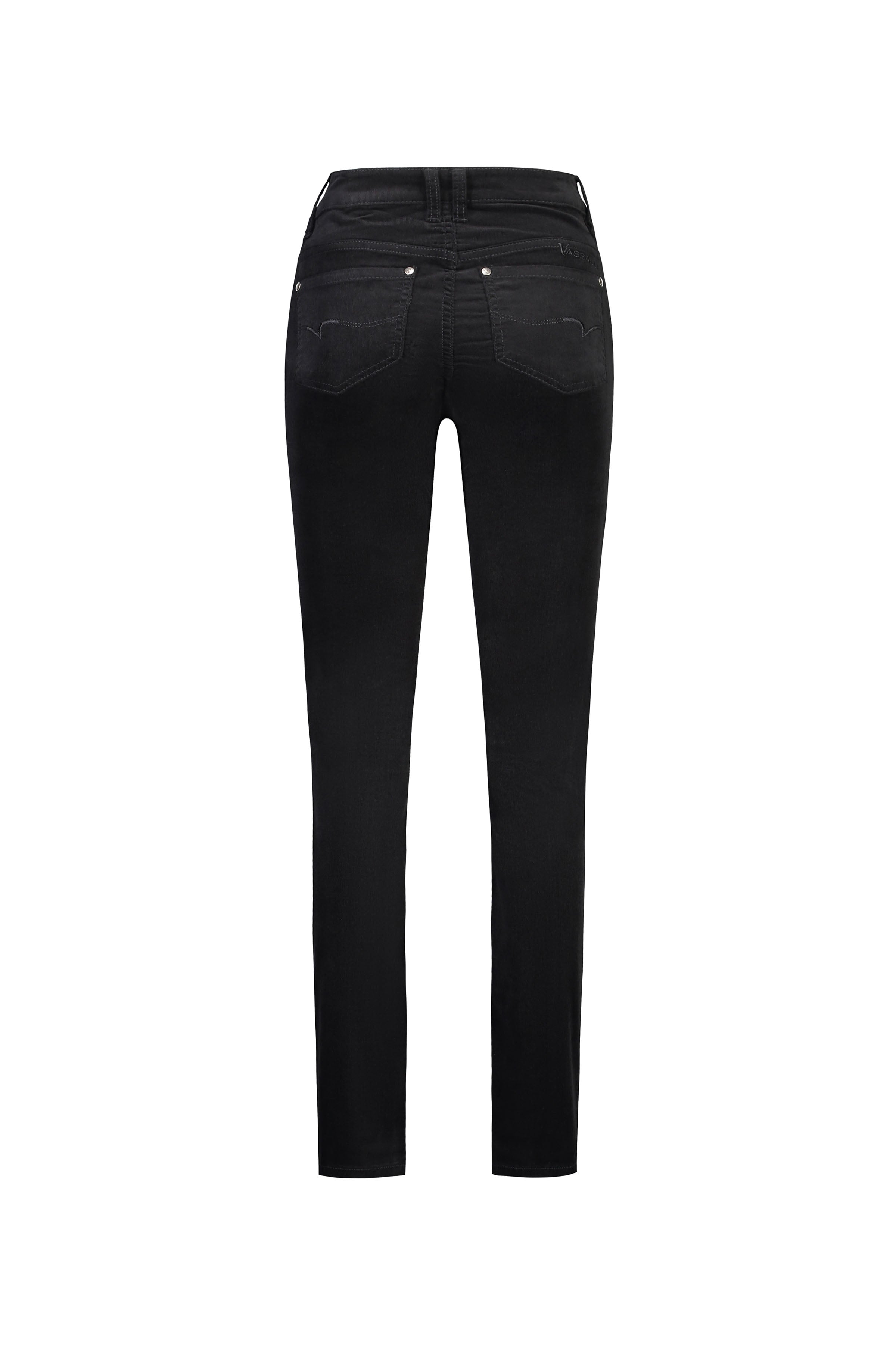 Back view of Vassalli's Arch Cord Pant in black stretch fabric, featuring two rear pockets and silver rivets, shown on a plain white background.