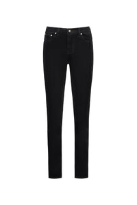 The Vassalli Arch Cord Pant in Black features a classic five-pocket design, stretch fabric for comfort, and button closure, shown on a white background.