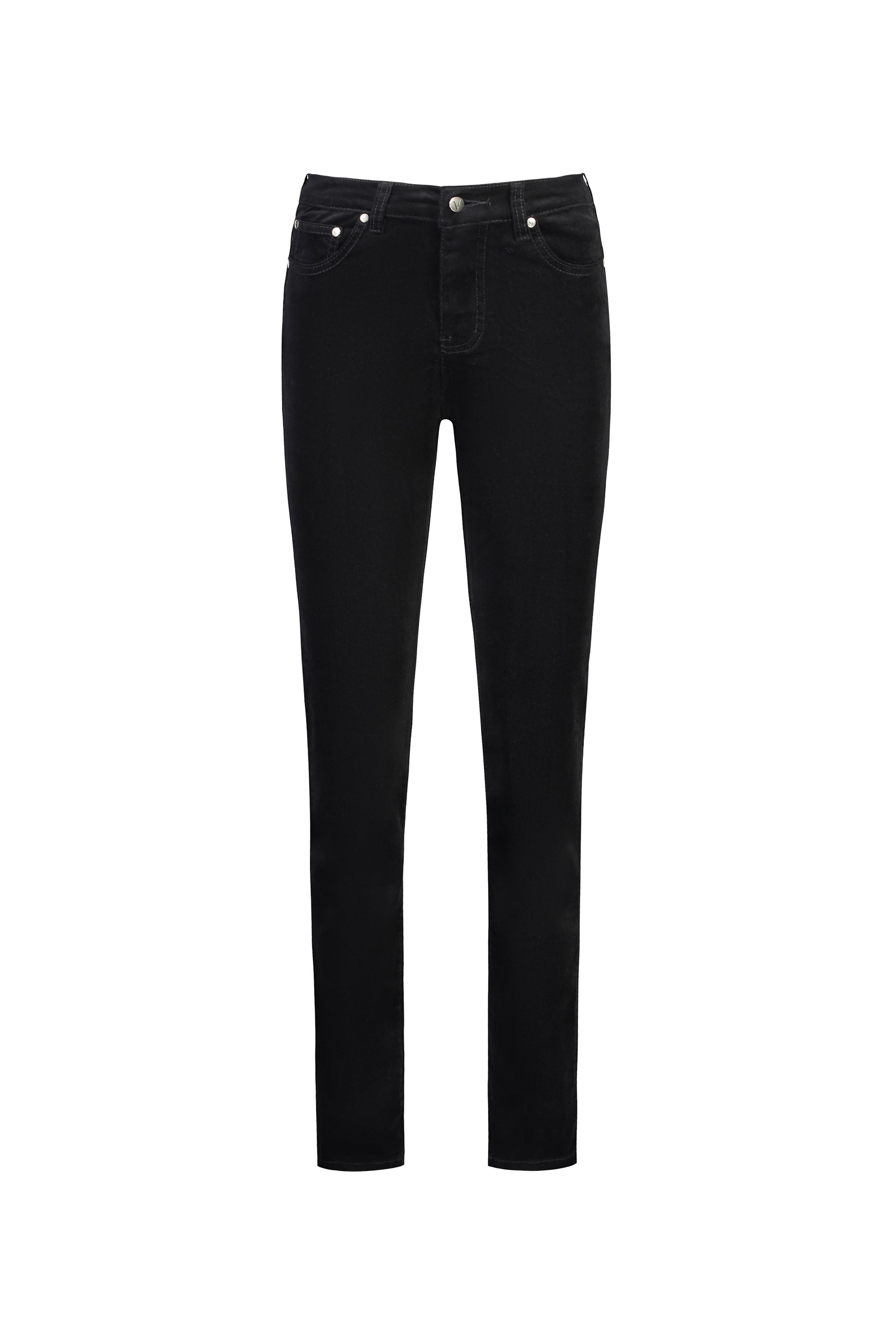 The Vassalli Arch Cord Pant in Black features a classic five-pocket design, stretch fabric for comfort, and button closure, shown on a white background.