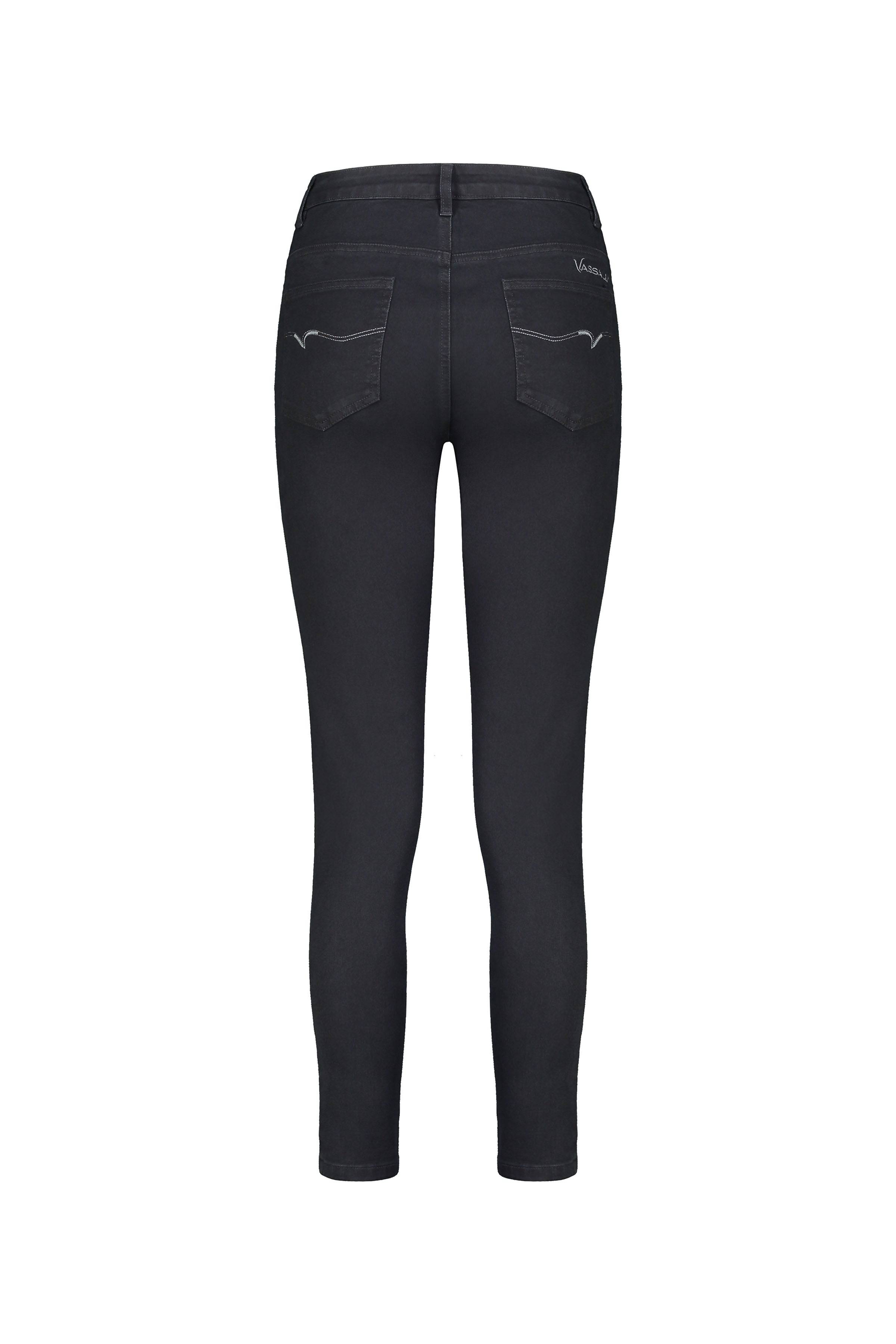 Back view of the Vassalli Ankle Grazer Jean in black denim, high-rise skinny fit with two rear pockets featuring decorative stitching and a small logo on the right pocket, shown on a white background.