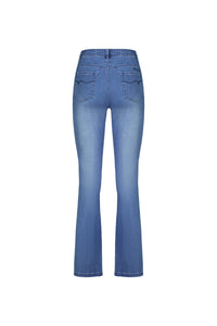 Back view of Vassalli Theory Jean - Blue Denim (With Fade) high rise bootcut jeans featuring two rear pockets and visible stitching, displayed on a white background.