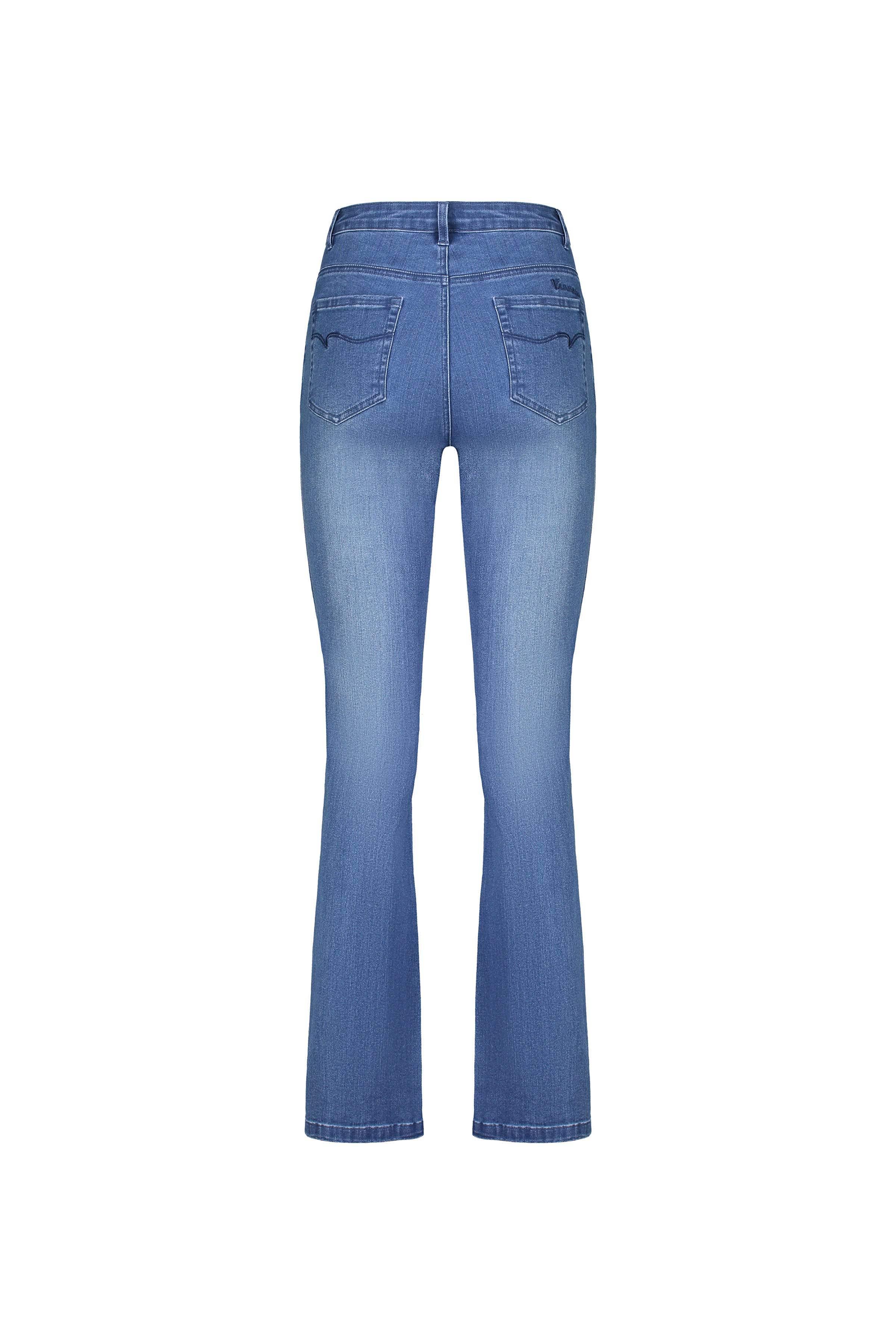 Back view of Vassalli Theory Jean - Blue Denim (With Fade) high rise bootcut jeans featuring two rear pockets and visible stitching, displayed on a white background.