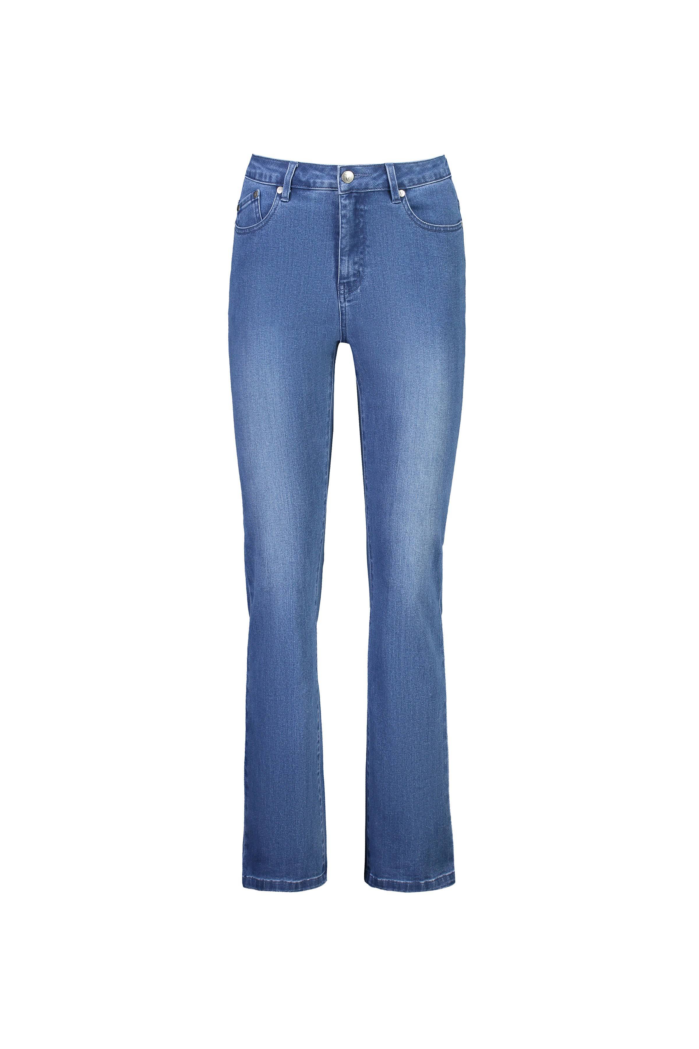 The Vassalli Theory Jean in blue denim (with fade) features a straight-leg bootleg cut, classic five-pocket design, and button-zipper closure, shown on a white background.