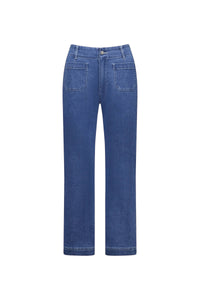 The Vassalli Daily Jean in Blue Hue Denim features a straight-leg ankle-grazer cut with front patch pockets, button and zip closure, belt loops, and stretch denim, shown on a white background.