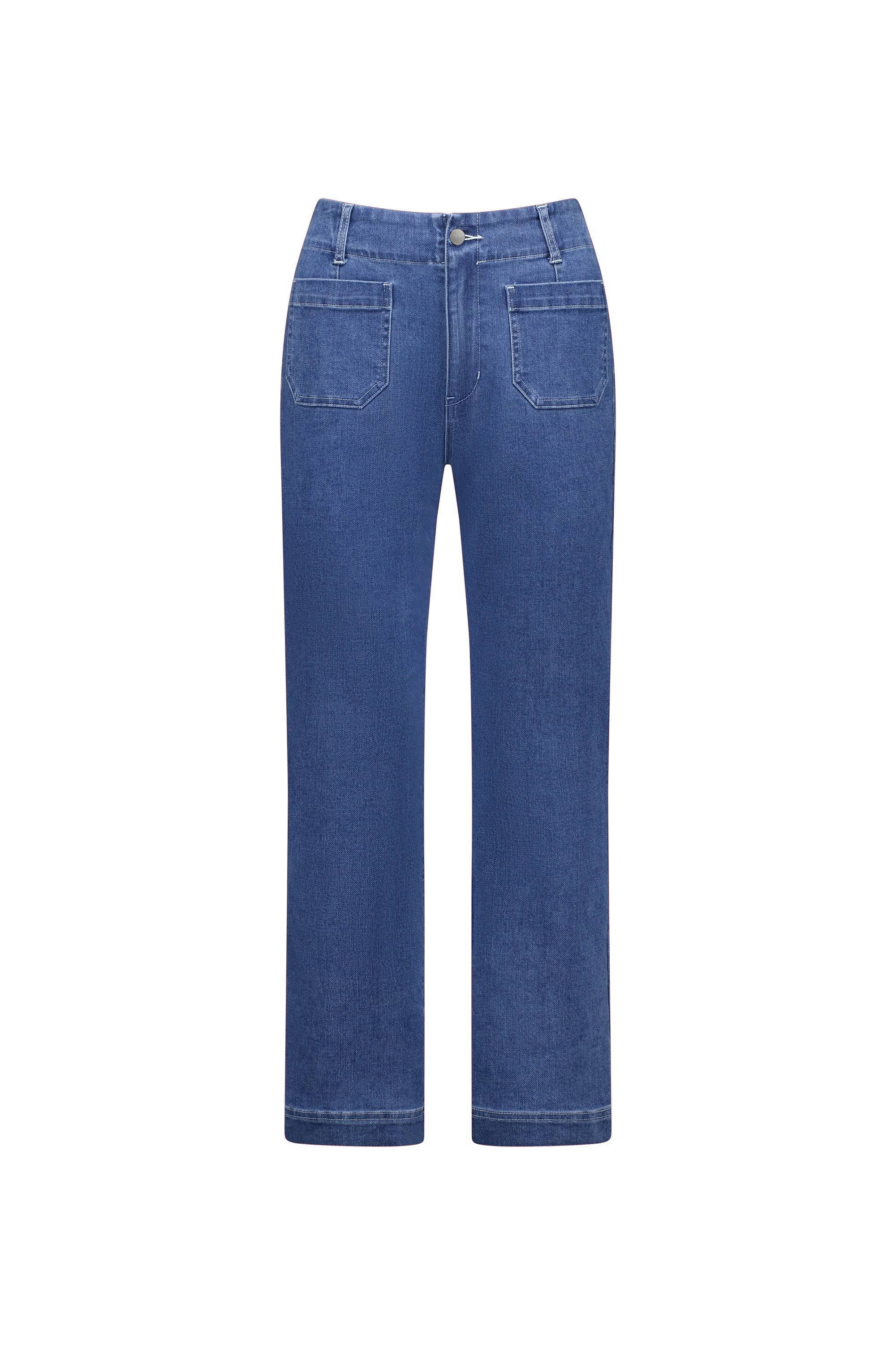 The Vassalli Daily Jean in Blue Hue Denim features a straight-leg ankle-grazer cut with front patch pockets, button and zip closure, belt loops, and stretch denim, shown on a white background.