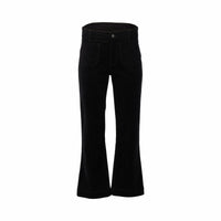 The Vassalli Daily Cord Pant in black features a high waist, stretch fabric for comfort, front pockets, and slightly flared legs, shown against a white background.