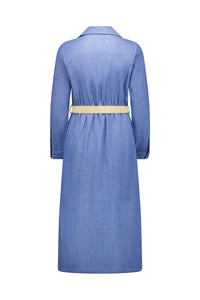 Back view of the Vassalli Long Sleeve Dress - Blue Wash, featuring a collar and a beige braided belt at the waist, shown on a white background.