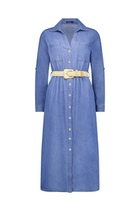The Vassalli Long Sleeve Dress - Blue Wash is a midi shirt dress with front buttons, chest pockets, a collar, roll-tab sleeves, and a beige woven belt for versatile styling.