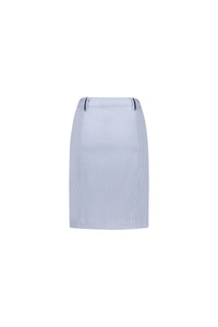 The Vassalli Orion Skirt - Blue Stripe is a light blue and white pinstriped straight-fit mini skirt in stretch fabric, featuring two small horizontal belt loops at the waist, shown on a plain white background.
