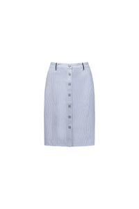 The Vassalli Orion Skirt - Blue Stripe features light blue and white vertical stripes, front button closure, belt loops, and a flattering knee-length fit, shown on a plain white background.