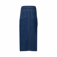 The Vassalli Mid Length Skirt in blue denim is shown from the back, featuring stretch fabric, two back pockets, belt loops, and visible stitching against a white background.