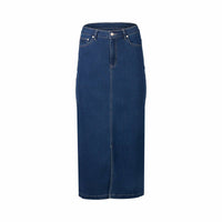 The Vassalli Mid Length Skirt - Blue Denim features a high waist, belt loops, front button and zip closure, visible stitching, front pockets, straight-cut design, and comfortable stretch fabric.