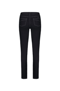 Back view of the Vassalli Studio Jean in black denim, featuring white stitching, two back pockets, and a small brand label above the right pocket, shown on a white background.