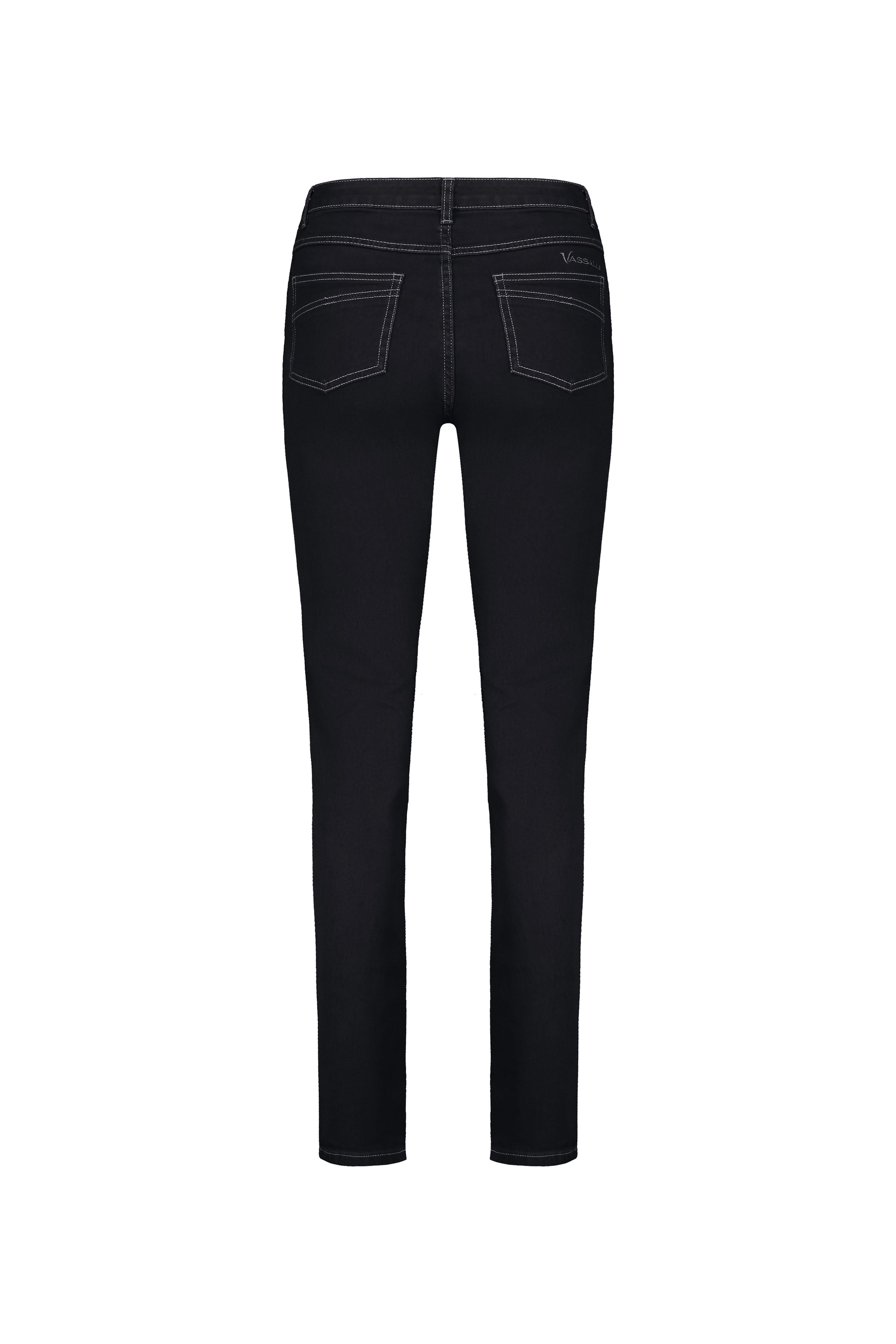 Back view of the Vassalli Studio Jean in black denim, featuring white stitching, two back pockets, and a small brand label above the right pocket, shown on a white background.