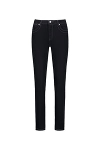The Vassalli Studio Jean in black denim features a slim leg, white stitching, front pockets, button closure, and belt loops, shown on a plain white background.