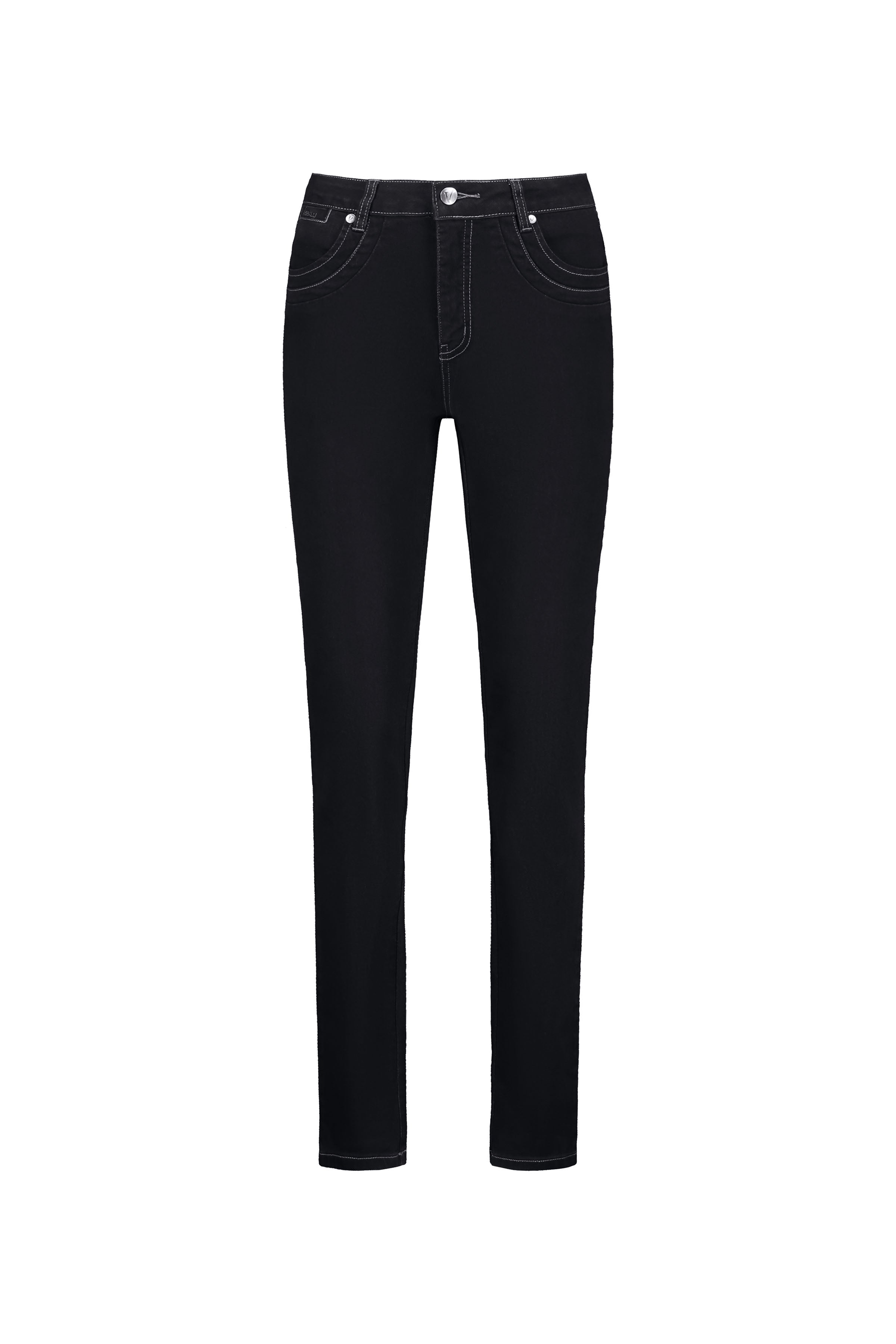 The Vassalli Studio Jean in black denim features a slim leg, white stitching, front pockets, button closure, and belt loops, shown on a plain white background.