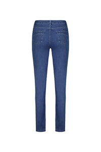 Back view of the Vassalli Studio Jean in blue denim, featuring two back pockets, belt loops, and slim legs, displayed on a white background.