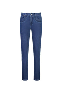 The Vassalli Studio Jean in blue denim features a straight-leg cut, front and back pockets, and a button-zip closure, shown on a white background.