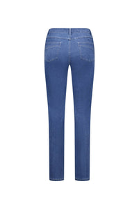 Back view of the Vassalli Studio Jean in Blue Hue Denim, a full-length, slim leg stretch denim style with two rear pockets, shown against a plain white background.