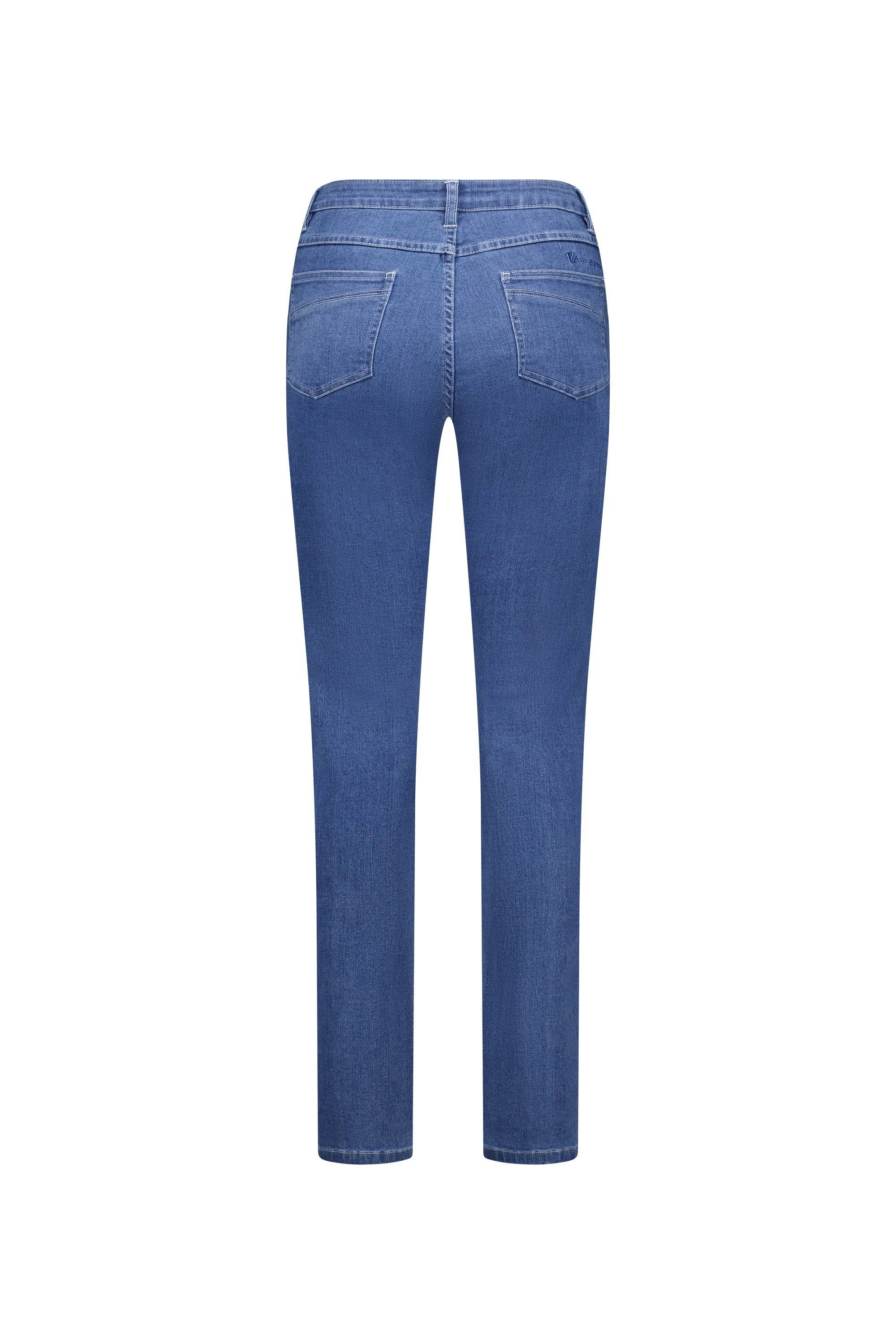 Back view of the Vassalli Studio Jean in Blue Hue Denim, a full-length, slim leg stretch denim style with two rear pockets, shown against a plain white background.