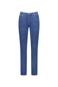 The Vassalli Studio Jean - Blue Hue Denim features a full-length, straight-leg fit with front and back pockets, plus a button and zipper closure. Shown on a plain white background.