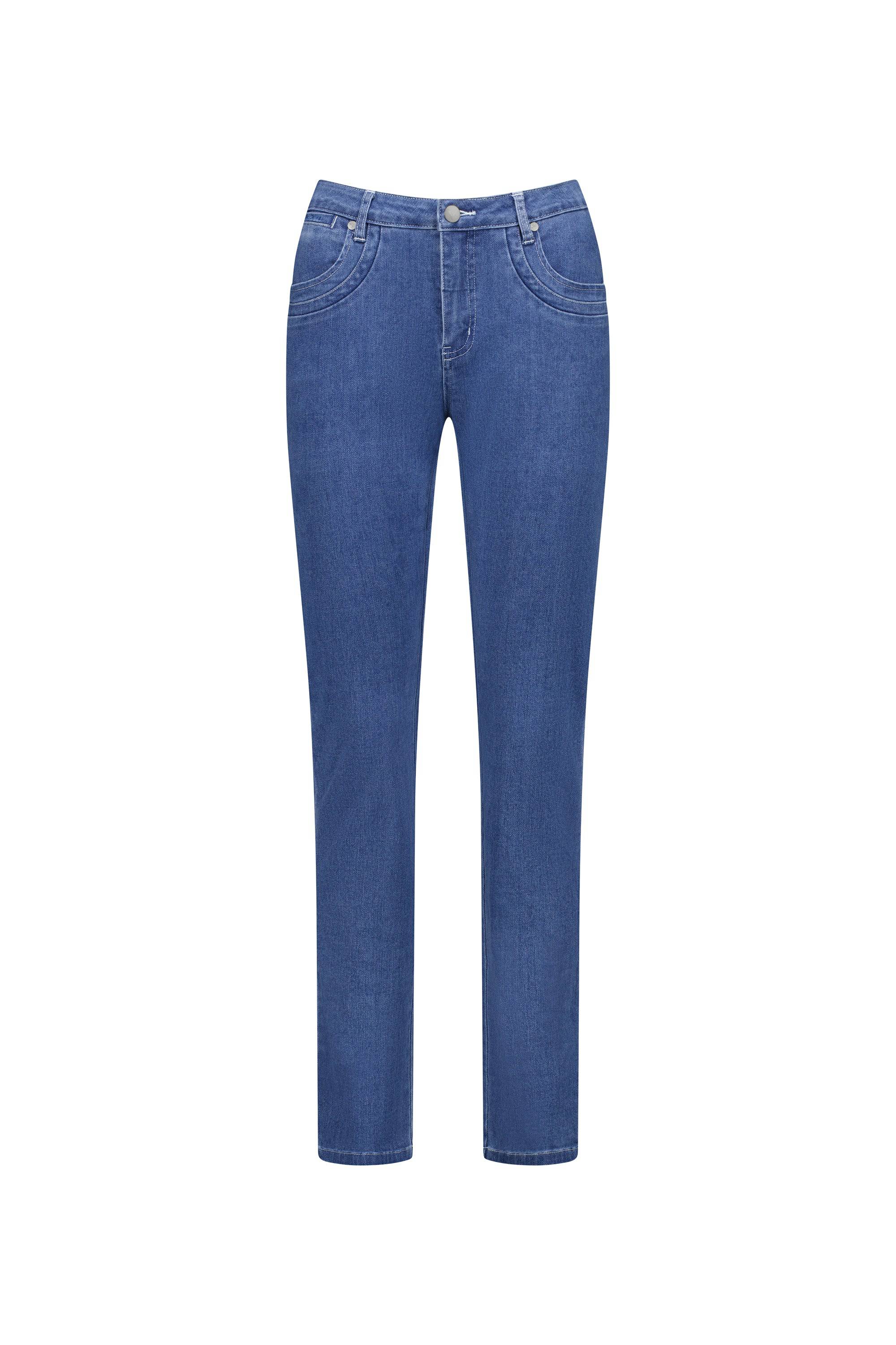 The Vassalli Studio Jean - Blue Hue Denim features a full-length, straight-leg fit with front and back pockets, plus a button and zipper closure. Shown on a plain white background.