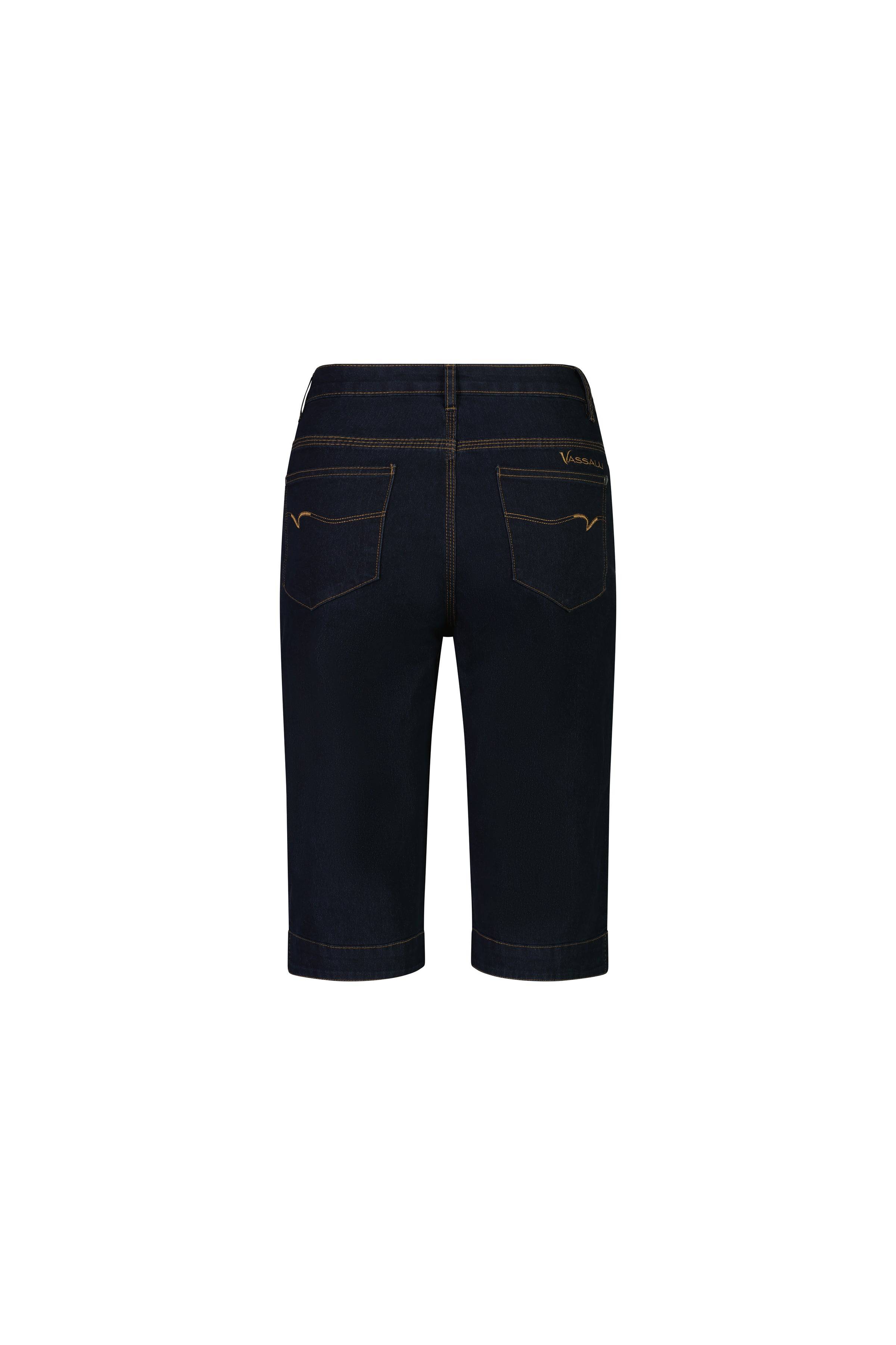 Back view of Vassalli Custom Short - Indigo Denim, made from stretch denim with orange stitching, two back pockets, and a rolled hem, shown against a white background.