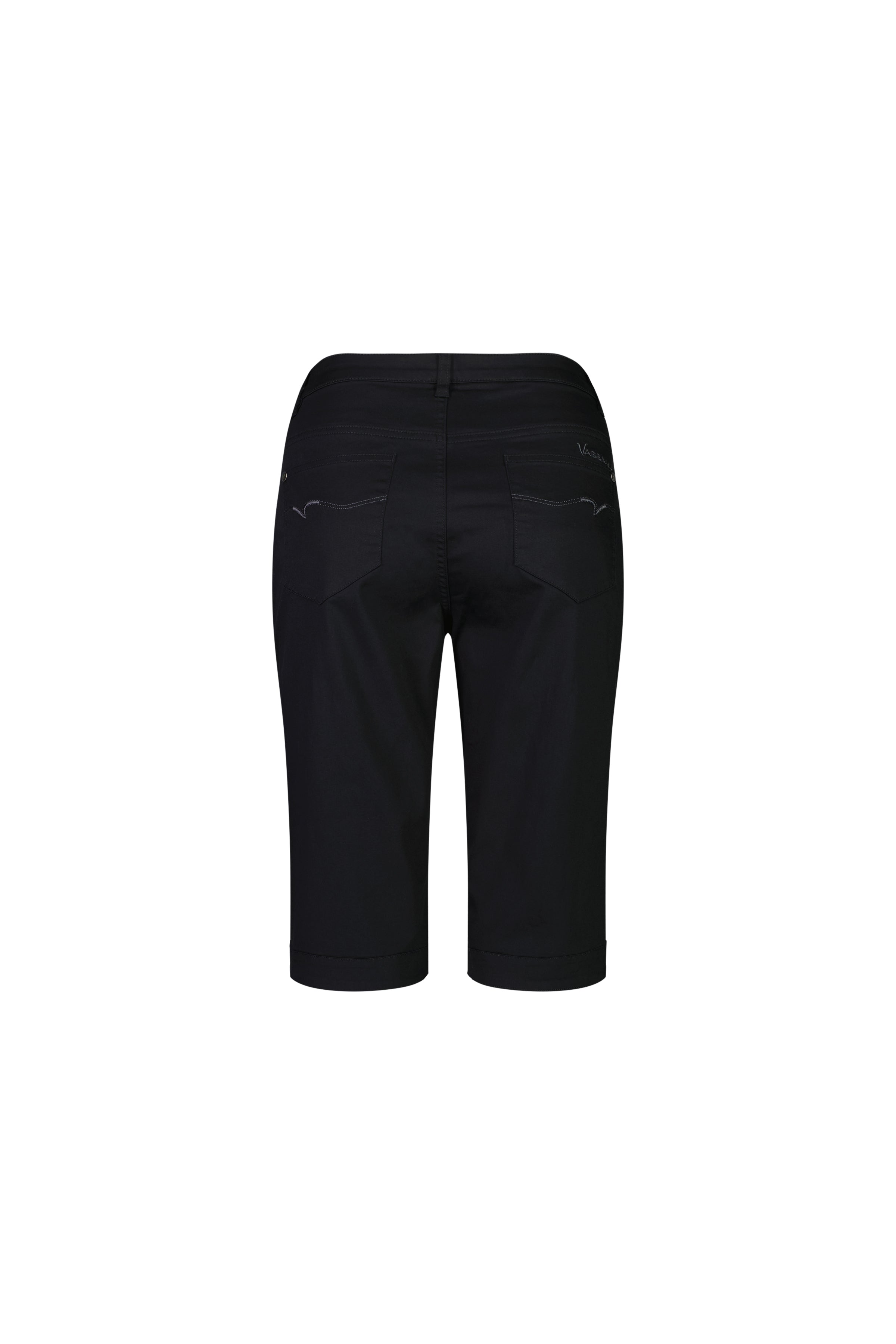 The Vassalli Custom Lightweight Short in black is crafted from stretch cotton, features two subtly stitched back pockets, and is shown from the back on a white background.