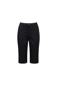 The Vassalli Custom Lightweight Short in black features a knee-length, stretch cotton design with button and zipper closure, front and back pockets, and a fitted silhouette—ideal for summer. Shown on a plain white background.