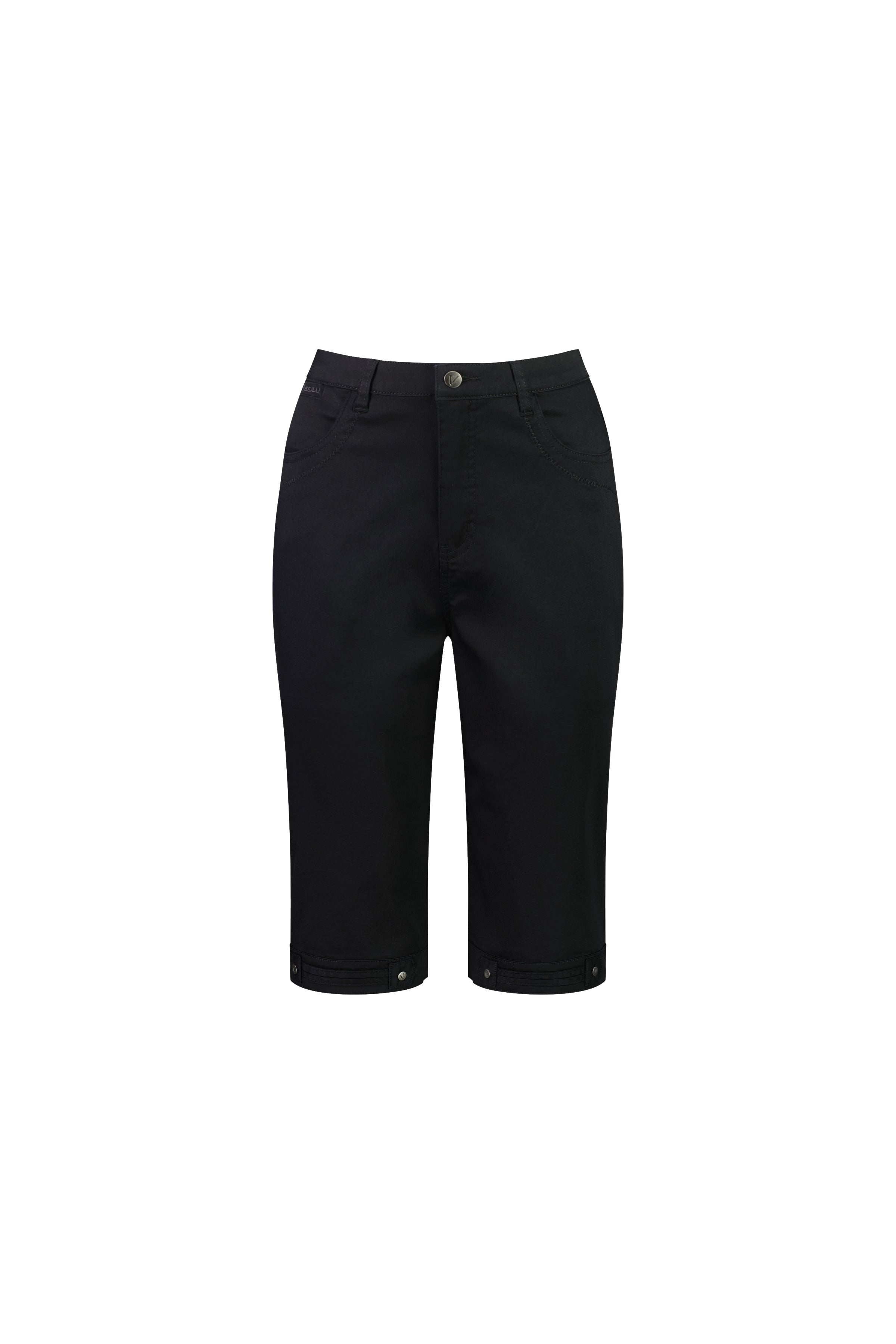 The Vassalli Custom Lightweight Short in black features a knee-length, stretch cotton design with button and zipper closure, front and back pockets, and a fitted silhouette—ideal for summer. Shown on a plain white background.