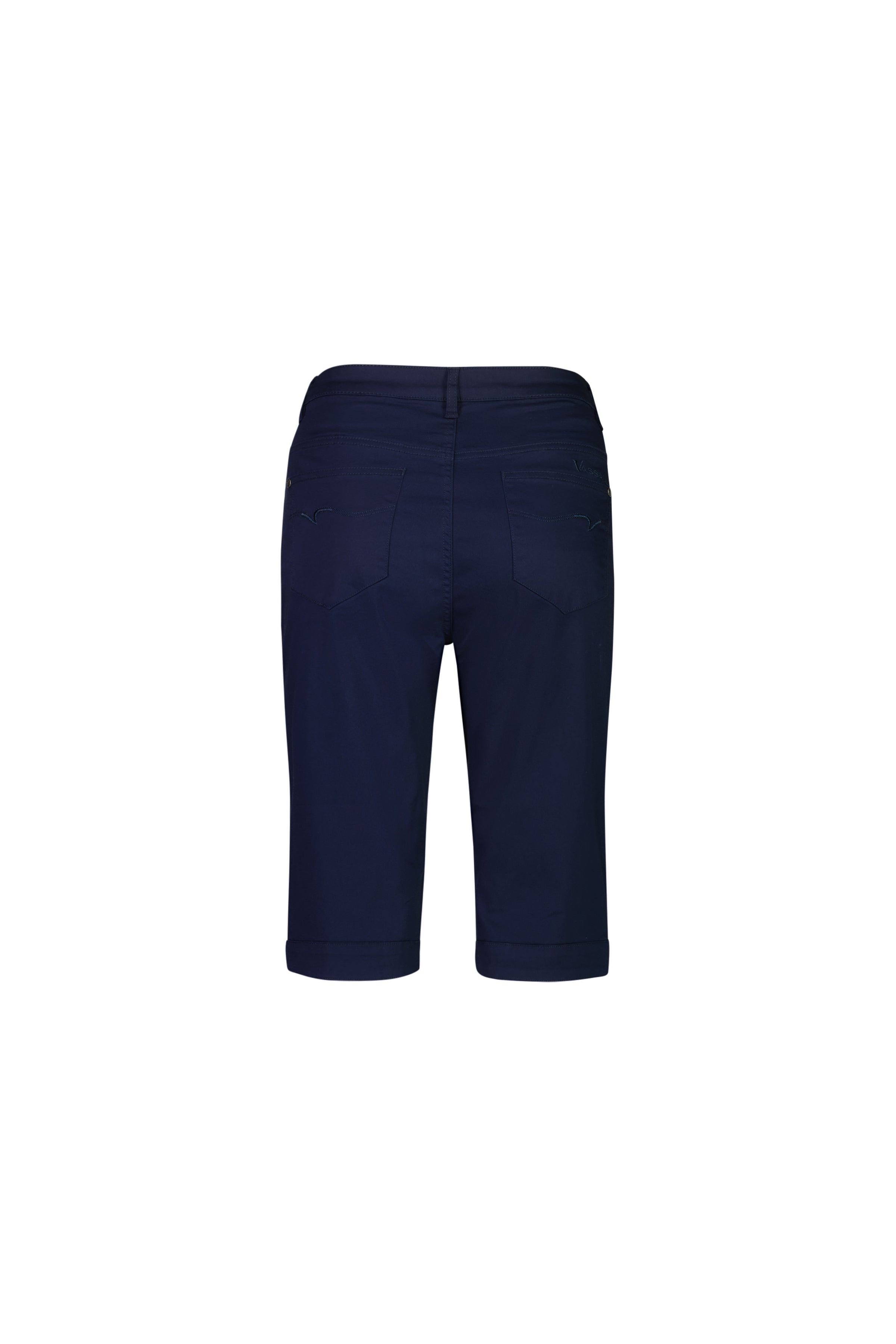 The Vassalli Custom Lightweight Short in navy is shown from the back, featuring stretch cotton, rolled cuffs, and two back pockets—a comfortable knee-length summer style displayed on a plain white background.