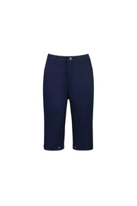 The Vassalli Custom Lightweight Short in navy features a knee-length stretch cotton design with button and zip closure, front and back pockets, and small hem buttons—ideal summer wear, shown on a plain white background.