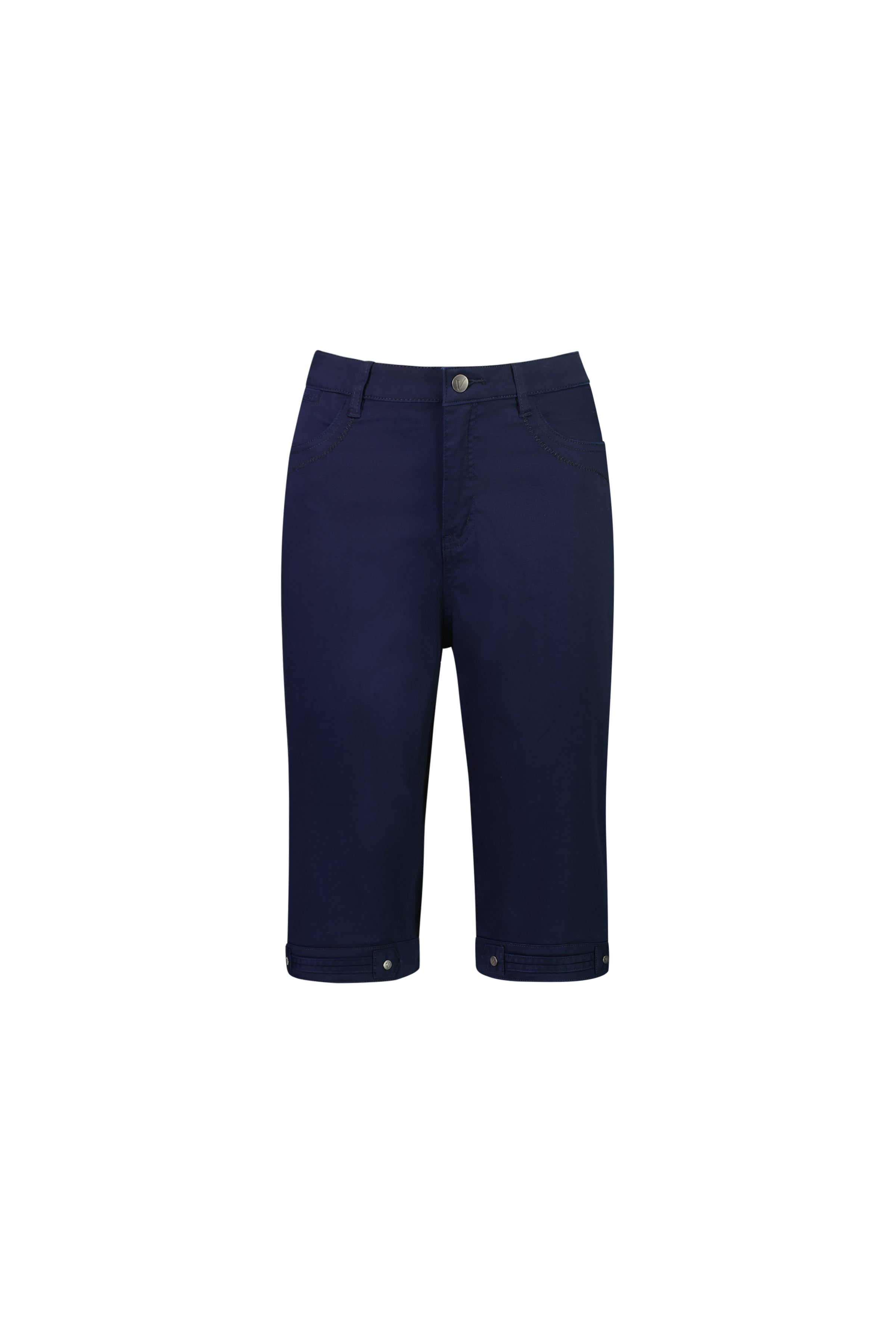 The Vassalli Custom Lightweight Short in navy features a knee-length stretch cotton design with button and zip closure, front and back pockets, and small hem buttons—ideal summer wear, shown on a plain white background.