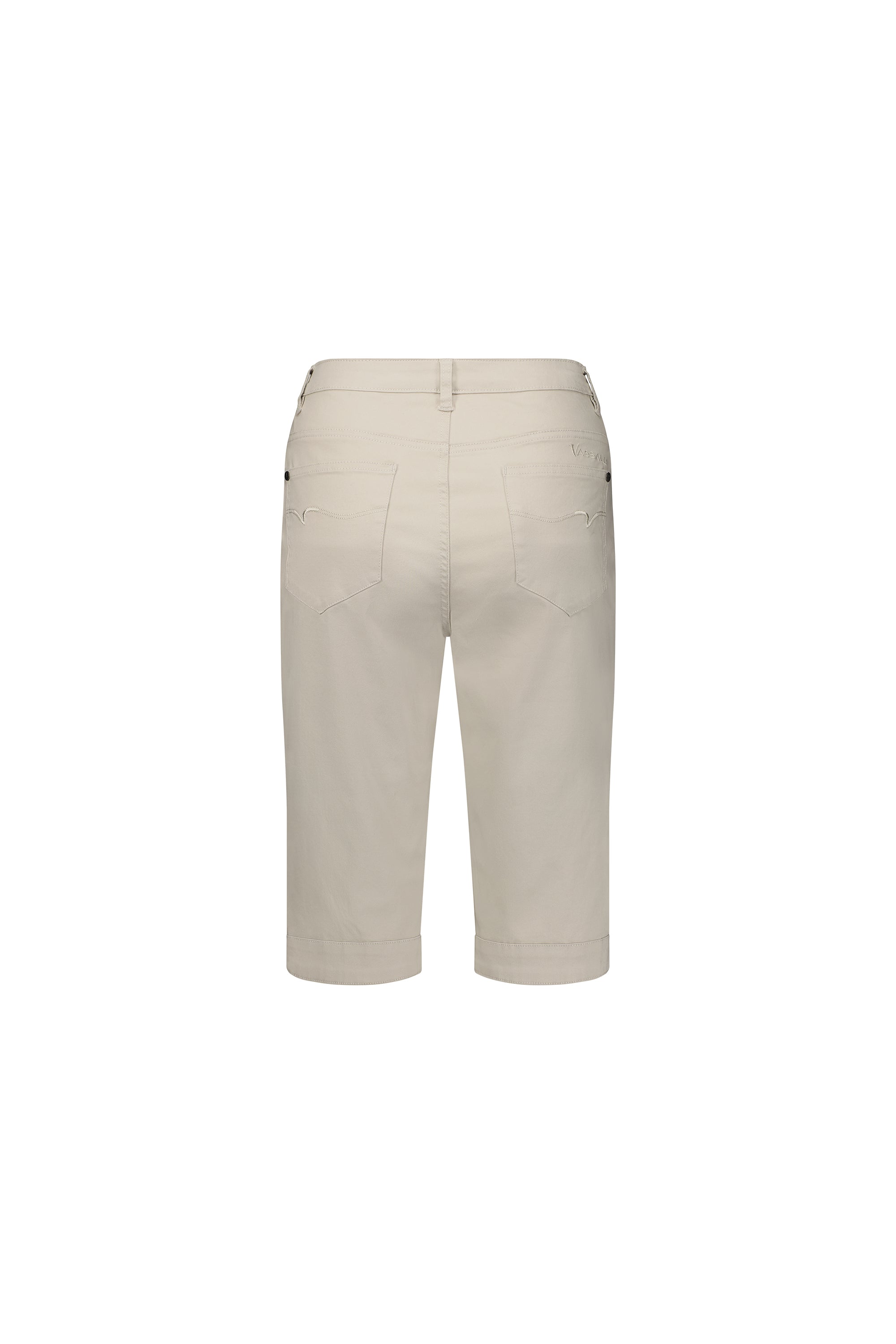 Back view of Vassalli’s Custom Lightweight Short in Pumice—beige, knee-length stretch cotton shorts with belt loops and two back pockets, showcasing a clean summer look against a white background.