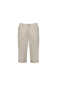 Vassalli Custom Lightweight Short - Pumice: beige, knee-length stretch cotton shorts with front and back pockets, belt loops, and button details at waist and hem—ideal for summer comfort, shown on a white background.